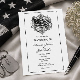 Invitación Boda Militar Minimalista con Bandera Americana Bla