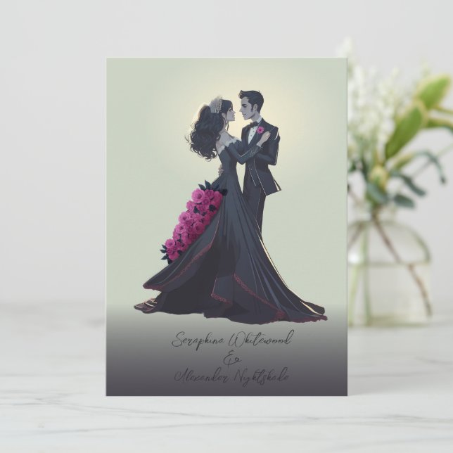 Invitación Boda Mínima de Amantes Góticos Románticos (Anverso de pie)