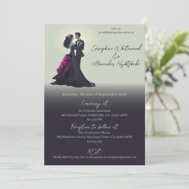 Invitación Boda Mínima de Amantes Góticos Románticos (Anverso de pie)