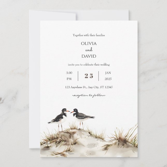 Invitación Boda Minimal Beach Sand Dunes Oystercatchers (Anverso)