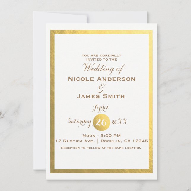 Invitación Boda Minimalista Blanca Faux Hoja Dorada (Anverso)