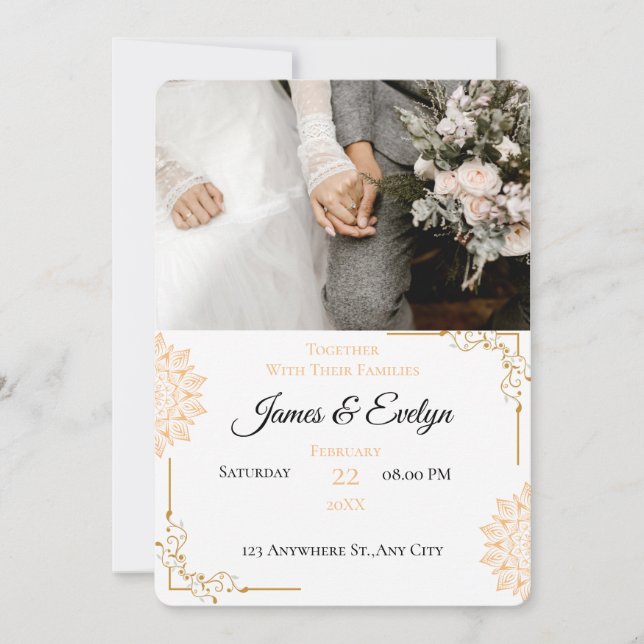Invitación Boda minimalista blanca marrón (Anverso)