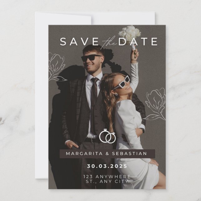 Invitación Boda minimalista blanco marrón (Anverso)
