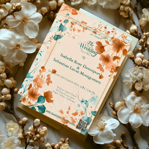 Invitación Boda minimalista bohemio en terracota y azul turqu