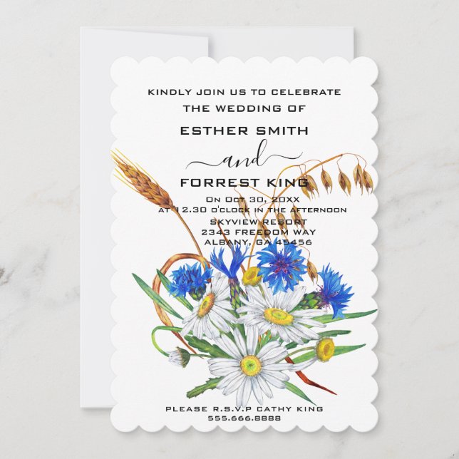 Invitación Boda Minimalista Boho Blue Carnations Bouquet (Anverso)