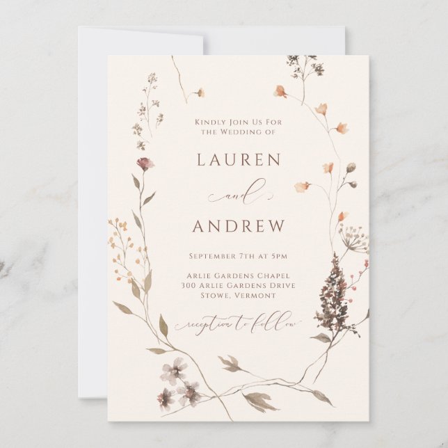 Invitación Boda Minimalista Boho Wildflower Beige (Anverso)