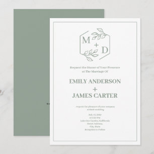 Invitación Boda Minimalista Botánica con Monograma en Verde S