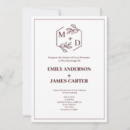 Invitación Boda Minimalista Botánica Monograma Borgoña 