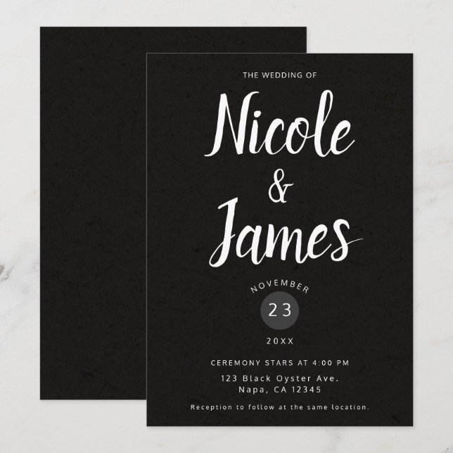 Invitación Boda Minimalista Chic Negra Moderna (Anverso / Reverso)