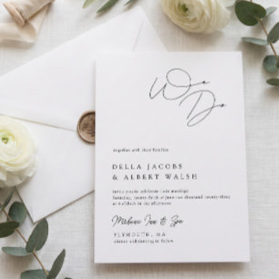 Invitación Boda Minimalista Clásica Caligrafía Blanco Negro