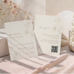 Invitación Boda Minimalista Código QR Floral Marfil Beige