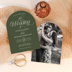 Invitación Boda minimalista con arco verde bosque Foto 