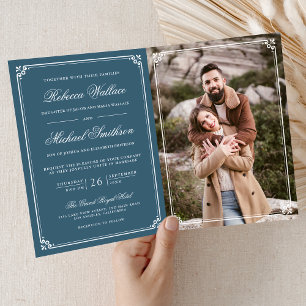 Invitación Boda Minimalista con Código QR Azul Polvoriento Bl