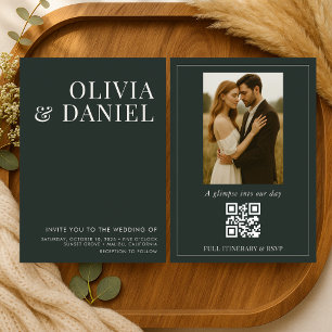 Invitación Boda Minimalista con Código QR de Foto en Verde Es