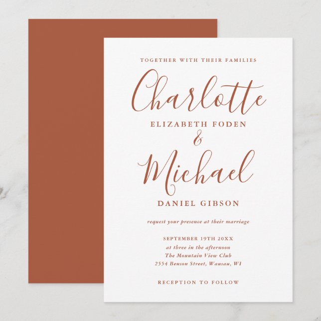 Invitación Boda minimalista con letra script terracota (Anverso / Reverso)