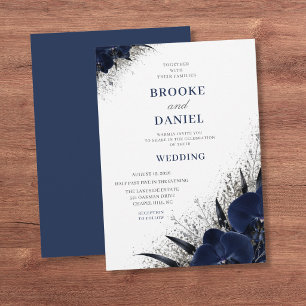 Invitación Boda Minimalista con Orquídea Azul Marino y Brillo