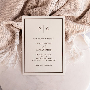 Invitación Boda Minimalista Crema Blanca y Marrón Chic con Bo