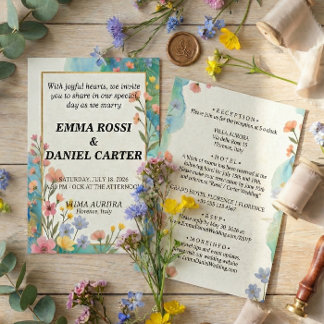 Invitación Boda minimalista de acuarela floral y dorado brill
