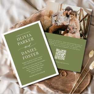 Invitación Boda Minimalista de código QR verde oliva