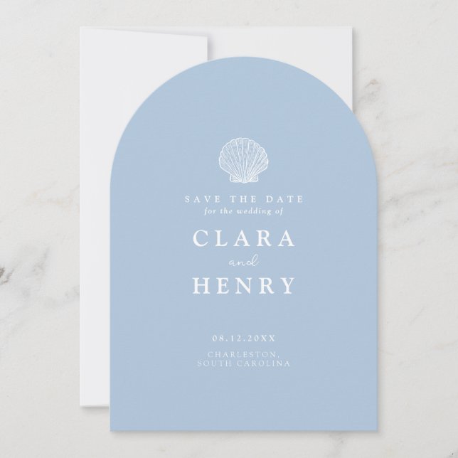 Invitación Boda Minimalista de Conchas Marinas Costeras Save  (Anverso)