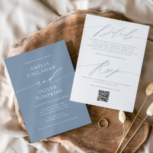 Invitación Boda minimalista de doble cara azul polvoriento