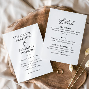 Invitación Boda minimalista de doble cara blanco y negro