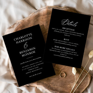 Invitación Boda minimalista de doble cara blanco y negro