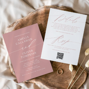 Invitación Boda minimalista de doble cara rosa polvoriento