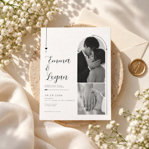 Invitación Boda Minimalista de Dos Fotos con Arco en Blanco y
