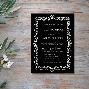 Invitación Boda minimalista de encaje negro y blanco Old Mone
