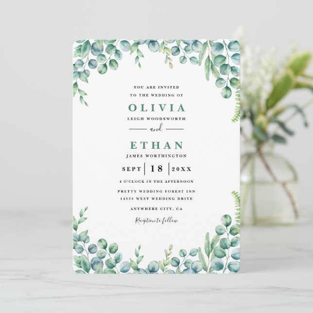 Invitación Boda minimalista de eucalipto (Anverso de pie)