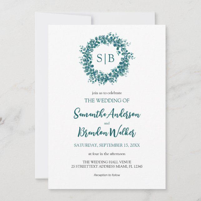 Invitación Boda minimalista de eucalipto verde (Anverso)