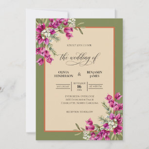 Invitación Boda Minimalista de Flor Silvestre Magenta Oliva