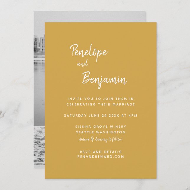 Invitación Boda minimalista de fotografía amarillo Boho moder (Anverso / Reverso)
