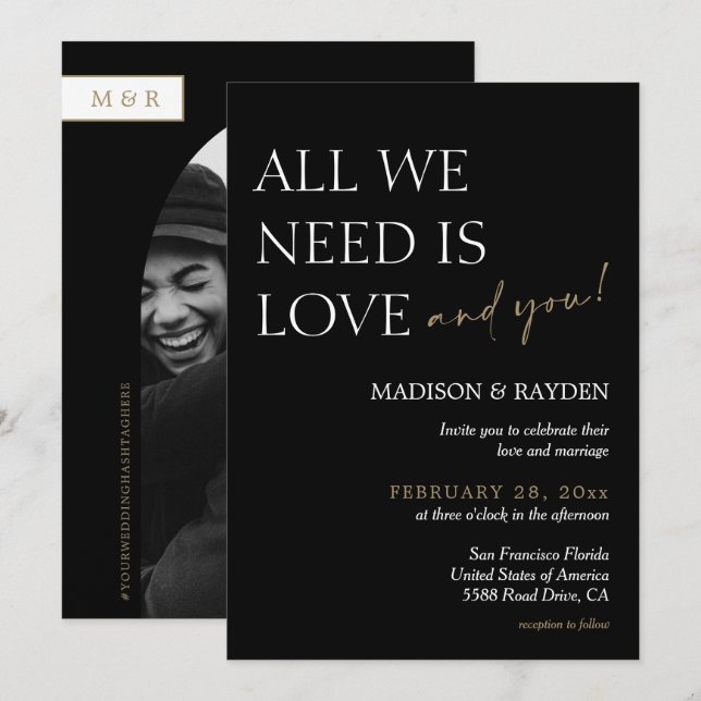 Invitación Boda minimalista de fotografías en negro y oro (Anverso / Reverso)