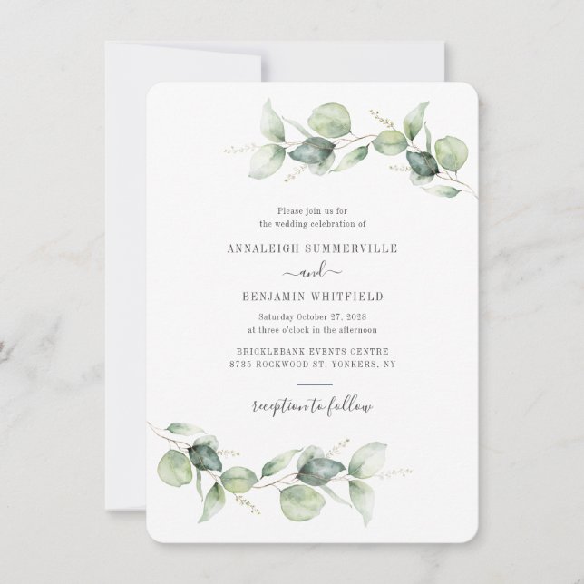 Invitación Boda Minimalista de guión verde de eucalipto (Anverso)