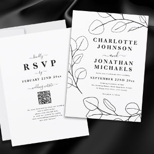 Invitación Boda minimalista de hoja de eucalipto en blanco y 