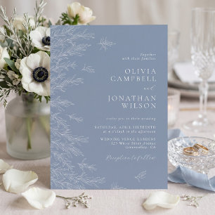 Invitación Boda Minimalista de Hojas Azul Polvoriento Moderno