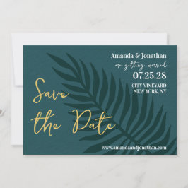 Invitación Boda minimalista de hojas de palma azul salva la f