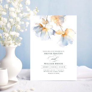 Invitación Boda Minimalista de las flores azul y oro turbias