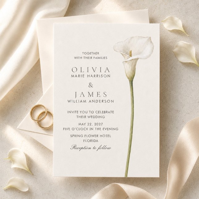 Invitación Boda Minimalista de Lirio de Calla Blanco Moderno  (Modern White Calla Lily Minimalist Wedding Invitation)