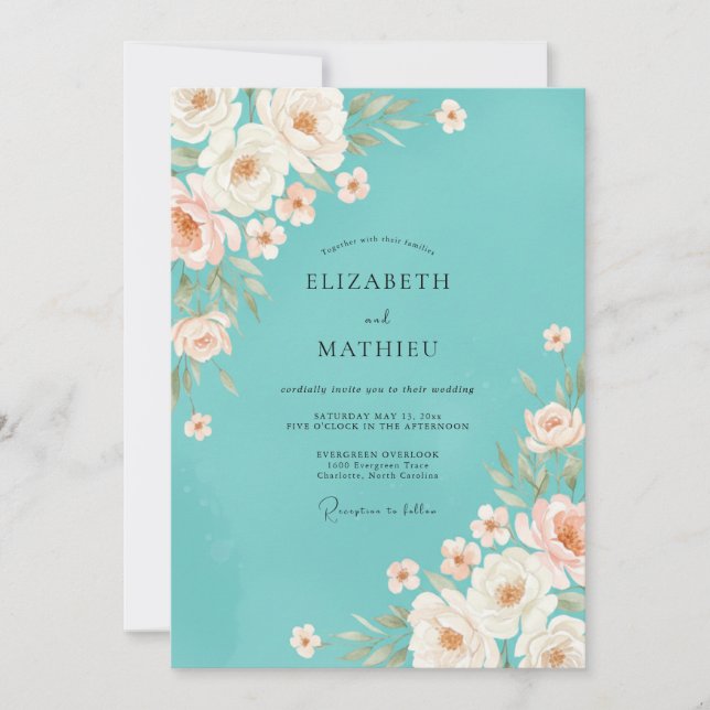 Invitación Boda Minimalista de Peonía Turquesa (Anverso)