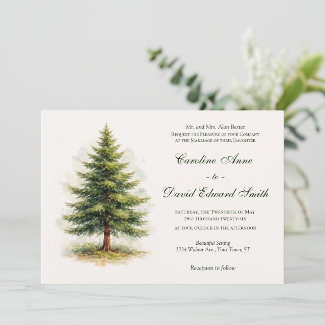 Invitación Boda minimalista de pino acuarela (Anverso de pie)