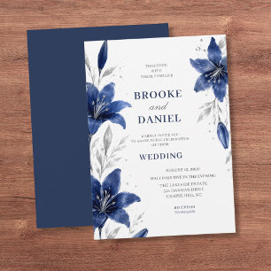 Invitación Boda Minimalista de Rama de Lirio Azul Marino y Pl
