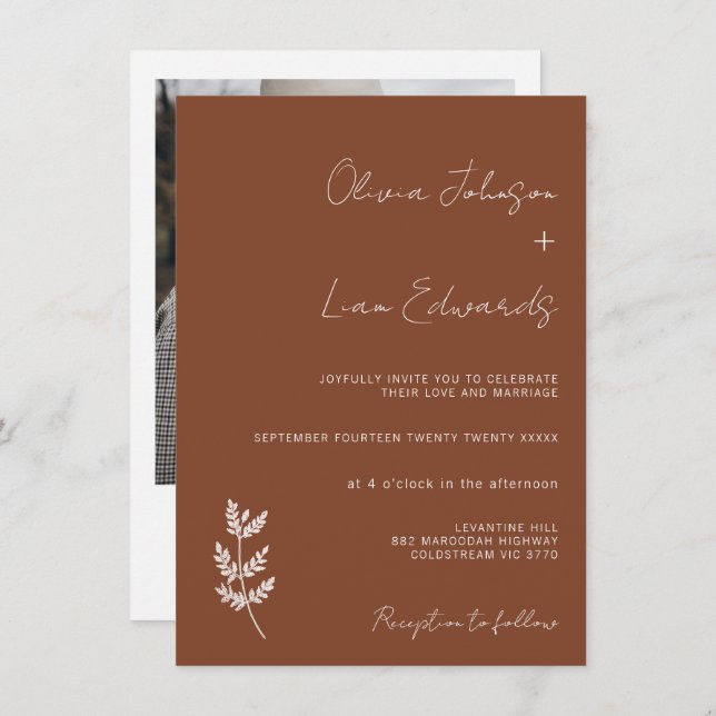 Invitación Boda minimalista de Terracota Fern Bohemian (Anverso / Reverso)