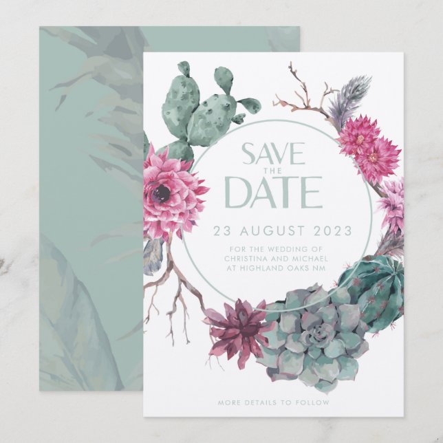 Invitación Boda minimalista del desierto de Boho Cactus (Anverso / Reverso)