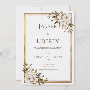 Invitación Boda minimalista dorada blanca floral rústica terr
