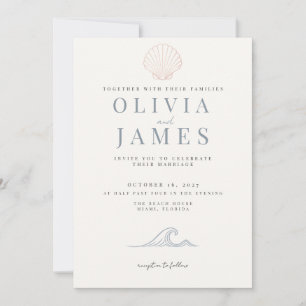 Invitación Boda Minimalista Dusty Blue Costera con Conchas Ma