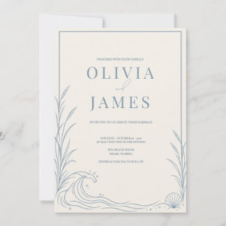 Invitación Boda Minimalista Dusty Blue Costera con Conchas Ma