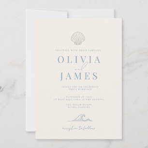 Invitación Boda Minimalista Dusty Blue Costera con Conchas Ma